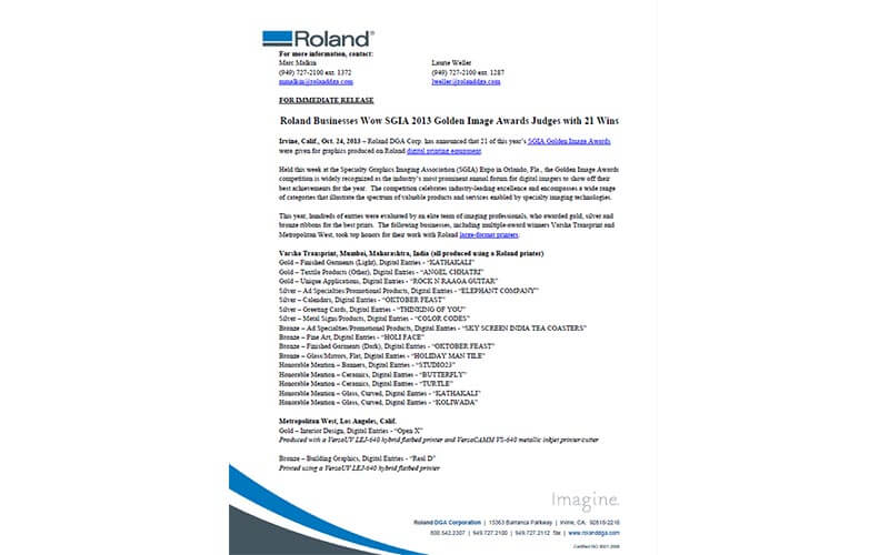 Roland customers win 2013 sgia golden image awards